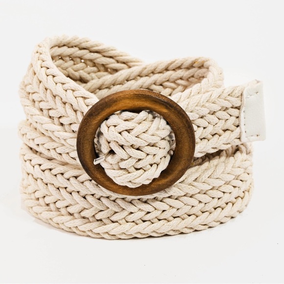Wooden Circle Buckle Braided Belt 44” | Ivory, Black or Khaki - Picture 2 of 5